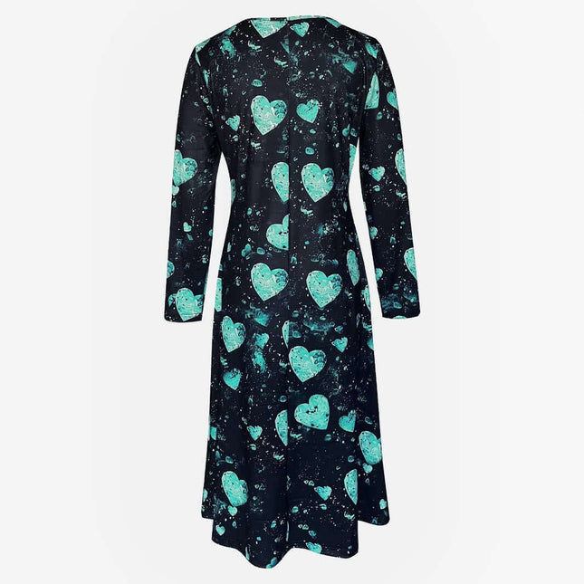 Womens Heart Print Dress With Crew Neck Black Midi – black midi A-line work dress with teal heart print and crew neck