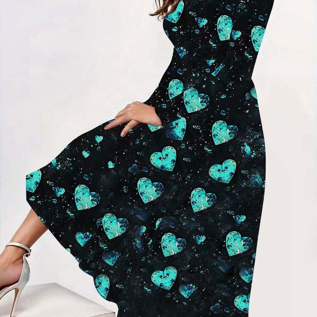 Womens Heart Print Dress With Crew Neck Black Midi in black polyester with turquoise heart print, A-line midi for workwear and smart-casual occasions