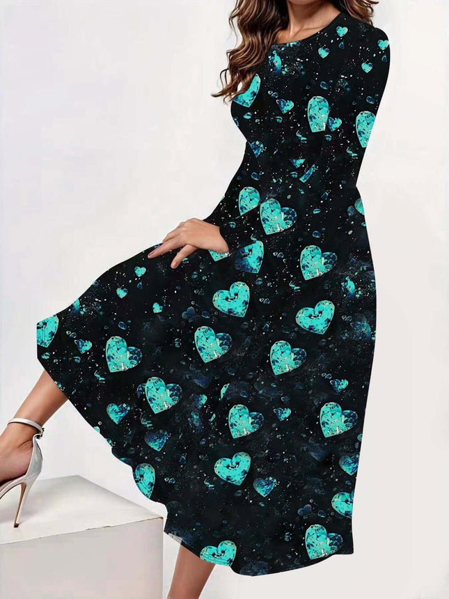 Womens Heart Print Dress With Crew Neck Black Midi in black polyester with turquoise heart print, A-line midi for workwear and smart-casual occasions
