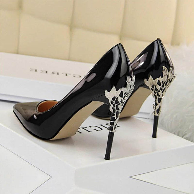 Womens Pointed Toe Stiletto Heels For Everyday Wear black patent 10 cm heel with decorative metallic heel detail