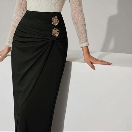 Womens Black Pleated Maxi Skirt With Rose Metal Buckle worn with lace blouse, high-waist pleats and decorative rose metal buckle for commuter style