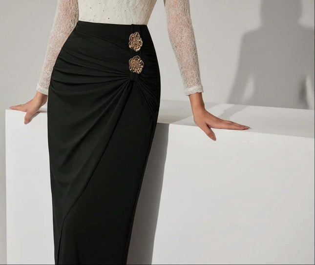 Womens Black Pleated Maxi Skirt With Rose Metal Buckle worn with lace blouse, high-waist pleats and decorative rose metal buckle for commuter style