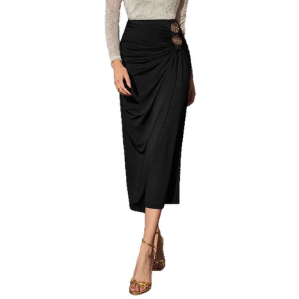 Womens Black Pleated Maxi Skirt With Rose Metal Buckle high-waisted polyester pleated skirt with decorative rose buckle for commuting