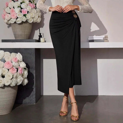 Womens Black Pleated Maxi Skirt With Rose Metal Buckle high-waisted polyester skirt with pleats and decorative rose metal buckle for commuter wear