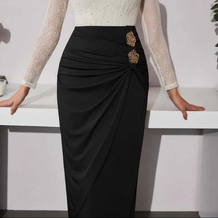 Womens Black Pleated Maxi Skirt With Rose Metal Buckle high-waisted polyester commuter skirt with decorative rose metal buckle and structured pleats