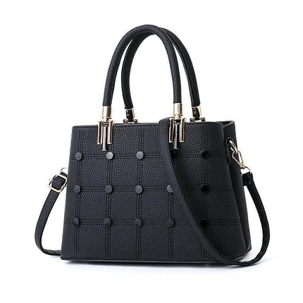 Women's PU Rivet Handbag With Multiple Pockets For Everyday Use - black structured PU bag with rivet accents, top handles and removable crossbody strap