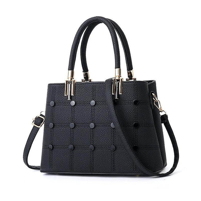 Women's PU Rivet Handbag With Multiple Pockets For Everyday Use - black structured PU bag with rivet accents, top handles and removable crossbody strap