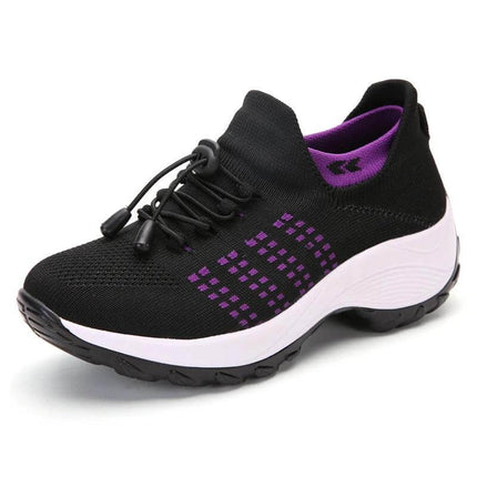 Womens Knit Slip On Casual Sneakers For Everyday Wear - black knit slip-on sneaker with purple accents, stretch upper and lightweight foam sole for commuting and errands
