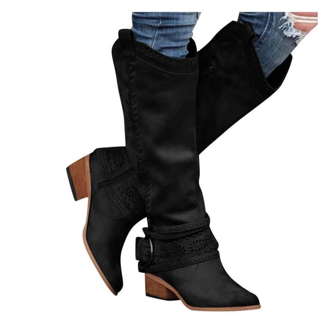 Women's Martin Style Suede High Shaft Boots Black For Everyday Wear - mid-calf suede boots with metal trim, stacked heel and riding-inspired silhouette