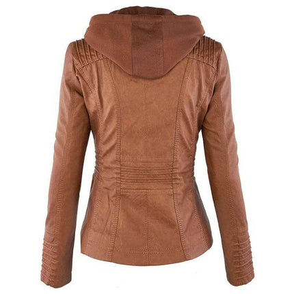 Detachable Hood PU Leather Jacket With Pockets For Women in brown, back view showing removable fabric-lined hood and tailored silhouette