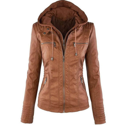Detachable Hood PU Leather Jacket With Pockets For Women in brown, removable hood, zip front and multiple pockets, slim tailored fit