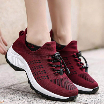 Womens Knit Slip On Casual Sneakers For Everyday Wear - burgundy knit lightweight slip-on with foam insole for commuting, errands, light travel (side view)