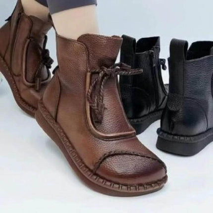 Women's Casual Ankle Boots With Fleece Lining For Everyday - brown PU ankle boots with fleece option, water-resistant, comfy commuter style