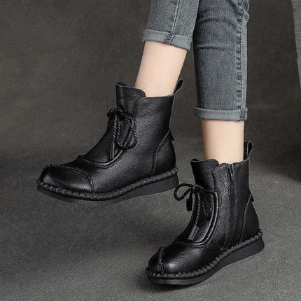 Women's Casual Ankle Boots With Fleece Lining For Everyday - black PU ankle boots with zipper, laces and water-resistant finish