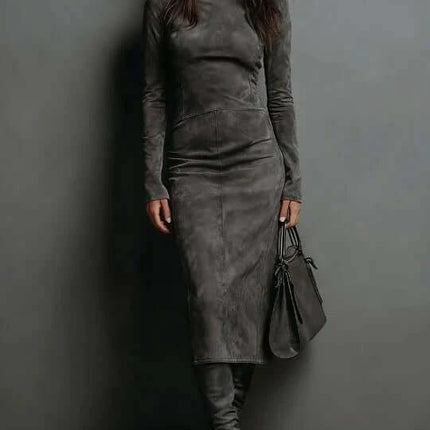 Womens Long Sleeve Base Dress Coffee Color Casual Everyday Wear - high-waist cotton blend long sleeve midi dress styled with boots and handbag