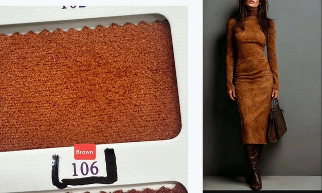 Womens Long Sleeve Base Dress Coffee Color Casual Everyday Wear - high-waist cotton-poly blend long sleeve dress styled with boots and handbag