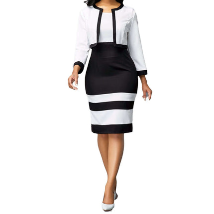 Women's Contrast Color High Waist Commuter Dress For Work in black and white two-tone panel, fitted high waist, knee-length office dress