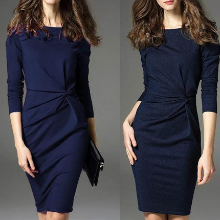 Women's Cotton Pencil Dress With Pocket For Workday Commute in dark blue, mid-length fitted pencil dress with long sleeves and side pocket