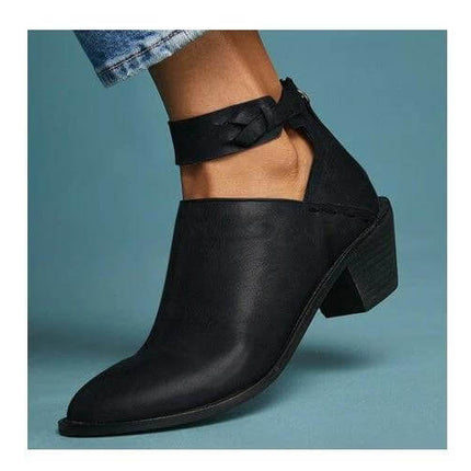 Women's Cutout Buckle Ankle Boots With Back Zipper Casual - black faux leather ankle boot with cutout design, buckle strap and rear zipper