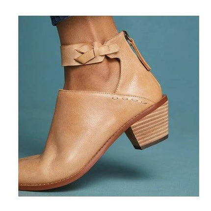 Women's Cutout Buckle Ankle Boots With Back Zipper Casual - tan faux leather ankle boot with cutout, buckle strap and back zipper, stacked heel, casual style