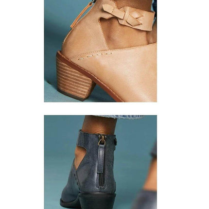 Women's Cutout Buckle Ankle Boots With Back Zipper Casual — tan and grey faux leather ankle boots with buckle, cutout panels and rear zipper