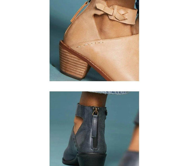 Women's Cutout Buckle Ankle Boots With Back Zipper Casual — tan and grey faux leather ankle boots with buckle, cutout panels and rear zipper