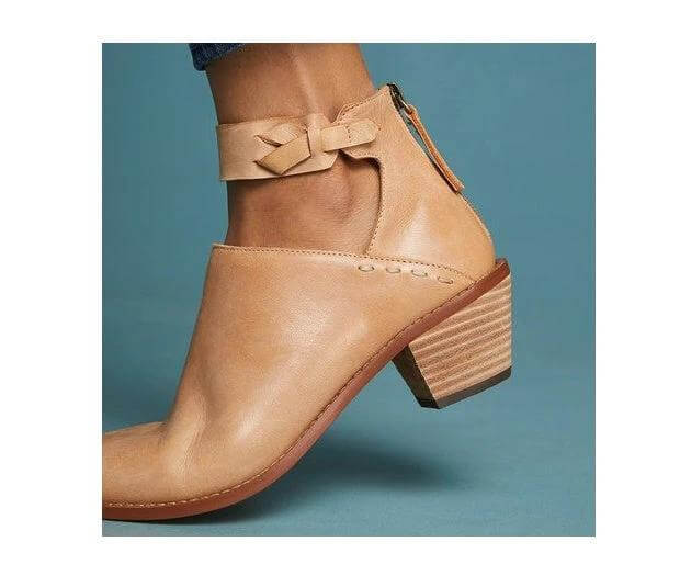 Women's Cutout Buckle Ankle Boots With Back Zipper Casual tan faux leather cutout ankle boot with buckle strap and rear zipper