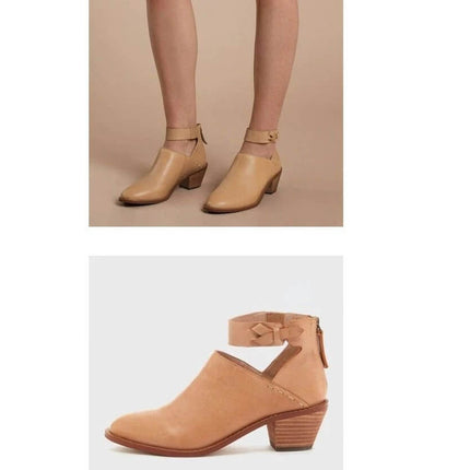 Women's Cutout Buckle Ankle Boots With Back Zipper Casual in tan faux leather with adjustable buckle and rear zipper, styled with midi skirt or jeans