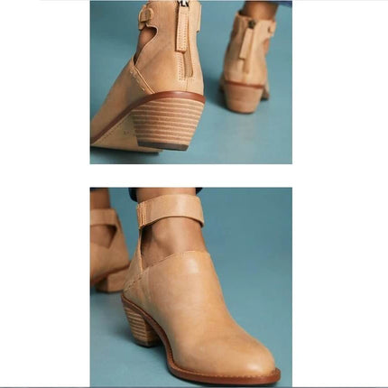 Women's Cutout Buckle Ankle Boots With Back Zipper Casual - tan faux leather ankle boots with cutout, buckle strap and back zipper for casual outfits