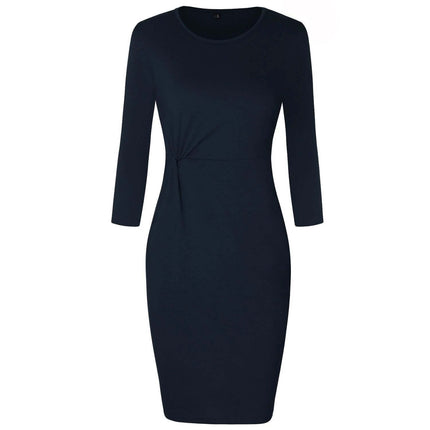 Women's Cotton Pencil Dress With Pocket For Workday Commute in dark blue, mid-length fitted pencil silhouette with long sleeves and side pocket