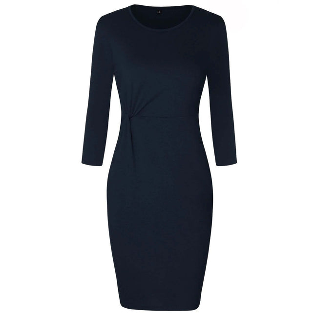 Women's Cotton Pencil Dress With Pocket For Workday Commute in dark blue, mid-length fitted pencil silhouette with long sleeves and side pocket