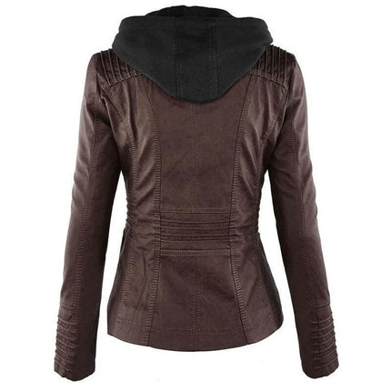 Detachable Hood PU Leather Jacket With Pockets For Women - brown fitted back view with removable black fabric hood and stitched detailing
