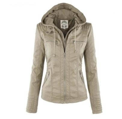 Detachable Hood PU Leather Jacket With Pockets For Women in beige, removable hood, zip front and side pockets, tailored casual city outerwear