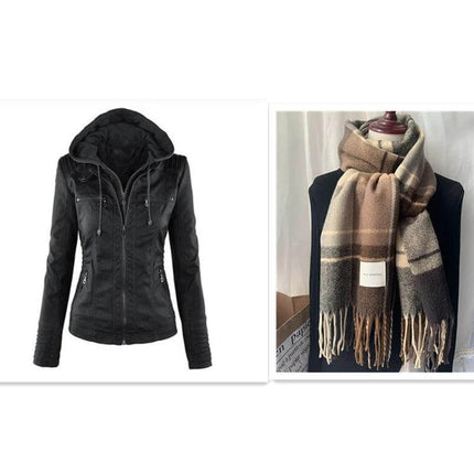 Detachable Hood PU Leather Jacket With Pockets For Women in black with removable hood and zip pockets, styled casual for city commuting