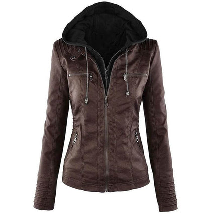 Detachable Hood PU Leather Jacket With Pockets For Women - brown fitted PU leather jacket with removable hood and zip pockets