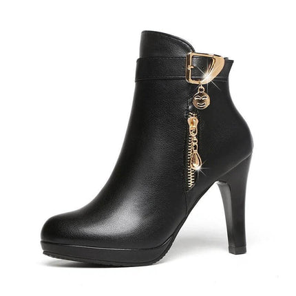 Women's Faux Leather Pointed Toe Mid Heel Boots For Everyday - black ankle boot with slim 6–8 cm heel, zipper and gold buckle charm, smooth PU upper