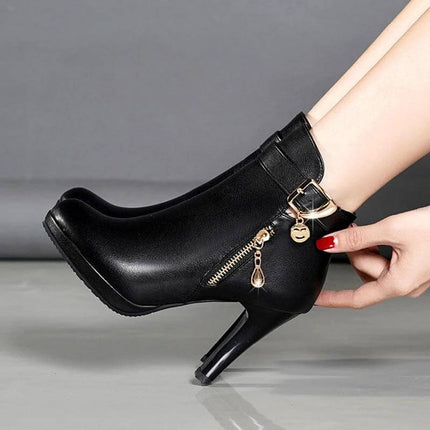 Women's Faux Leather Pointed Toe Mid Heel Boots For Everyday in black PU with slim 6–8cm heel, side zipper and decorative buckle - office to city wear