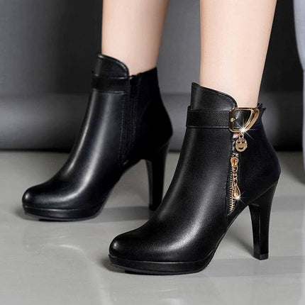 Women's Faux Leather Pointed Toe Mid Heel Boots For Everyday - black ankle boots with slim 6–8 cm heel and decorative side zipper charm
