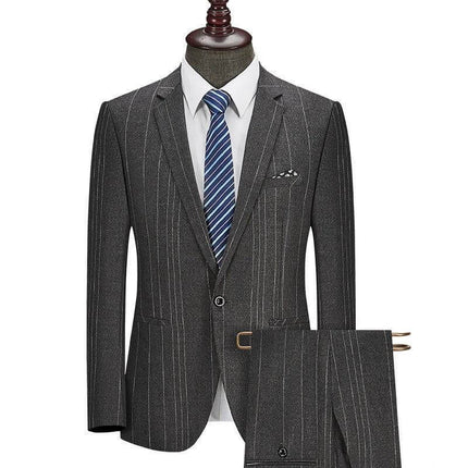Business Suit Dress With Back Slit Gray Or Blue Casual – gray pinstripe two-piece blazer and pencil skirt displayed on mannequin