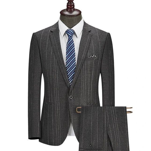Business Suit Dress With Back Slit Gray Or Blue Casual – gray pinstripe two-piece blazer and pencil skirt displayed on mannequin