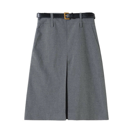 Women's Gray Office Skirt For Everyday Professional Workwear - mid-length A-line skirt with integrated belt, polyester non-elastic fabric for polished office look