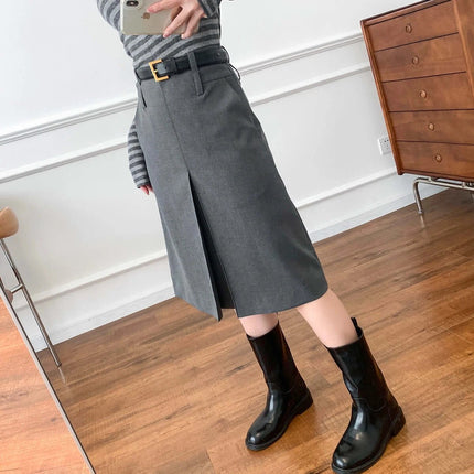 Women's Gray Office Skirt For Everyday Professional Workwear - mid-length A-line skirt with integrated belt styled with boots