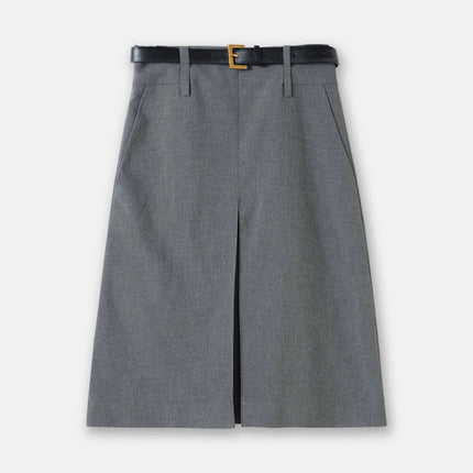 Women's Gray Office Skirt For Everyday Professional Workwear - mid-length A-line gray polyester skirt with integrated belt and front pleat