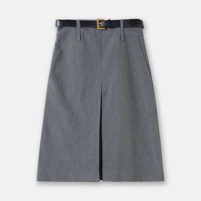 Women's Gray Office Skirt For Everyday Professional Workwear - mid-length A-line gray polyester skirt with integrated belt and front pleat
