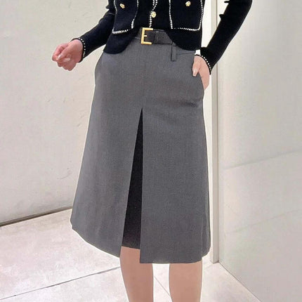 Women's Gray Office Skirt For Everyday Professional Workwear mid-length A-line with integrated belt and front slit, polyester non-elastic drape