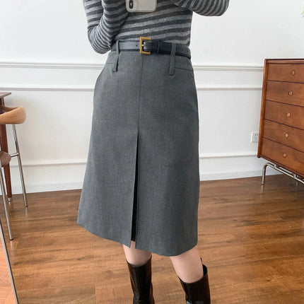 Women's Gray Office Skirt For Everyday Professional Workwear - mid-length A-line with integrated belt and front pleat, gray polyester office skirt