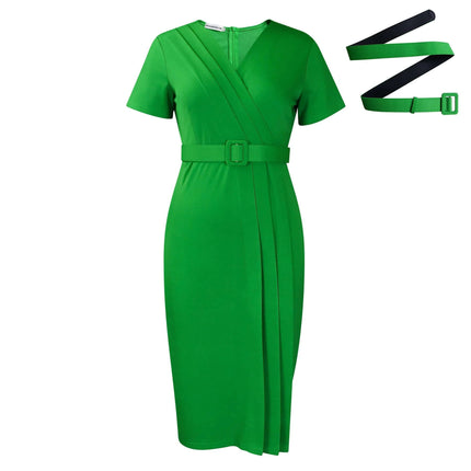 Women's V-Neck Belted Short Sleeve Mid Dress For Commute in bright green polyester with removable belt, V-neck and short sleeves, mid-length work dress