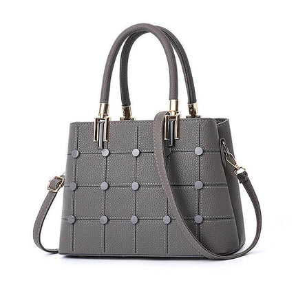 Women's PU Rivet Handbag With Multiple Pockets For Everyday Use - grey structured PU tote with rivet accents and detachable shoulder strap