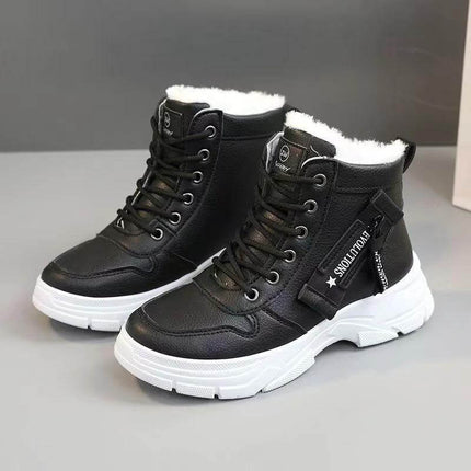 Womens Insulated Waterproof Mid Cut Cotton Walk Shoes in black with fleece lining, water-resistant PU upper, mid-cut winter commuter boots
