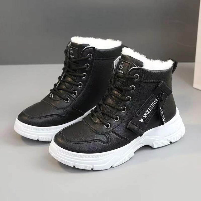 Womens Insulated Waterproof Mid Cut Cotton Walk Shoes in black with fleece lining, water-resistant PU upper, mid-cut winter commuter boots